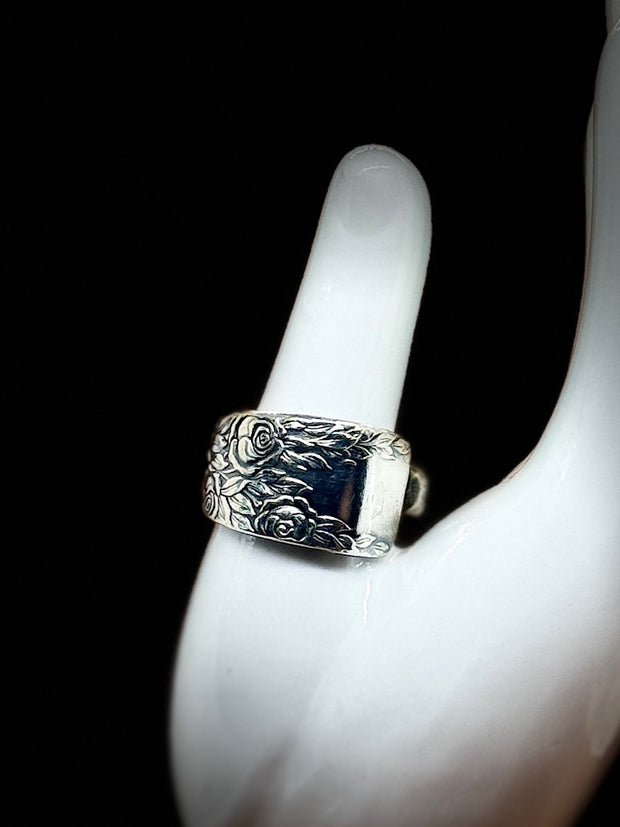 Size  8.5 Handmade Spoon Ring – 1937 Rose and Leaf by National Silver Co. (Silver Plated)