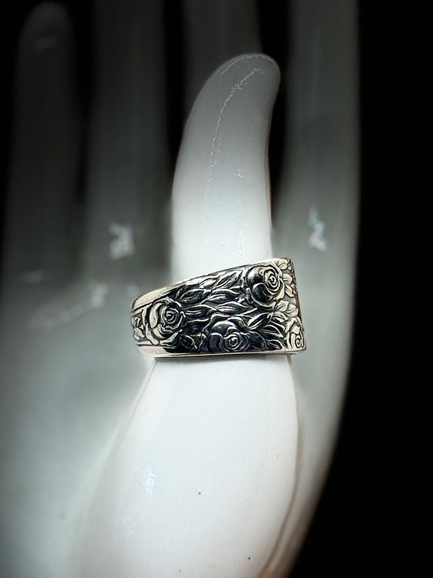 Size  8.5 Handmade Spoon Ring – 1937 Rose and Leaf by National Silver Co. (Silver Plated)