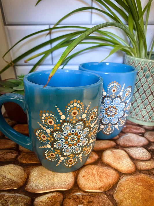 Azzie’s Hand Painted Pair of Zen Dot Mandala Ceramic Coffee Mugs