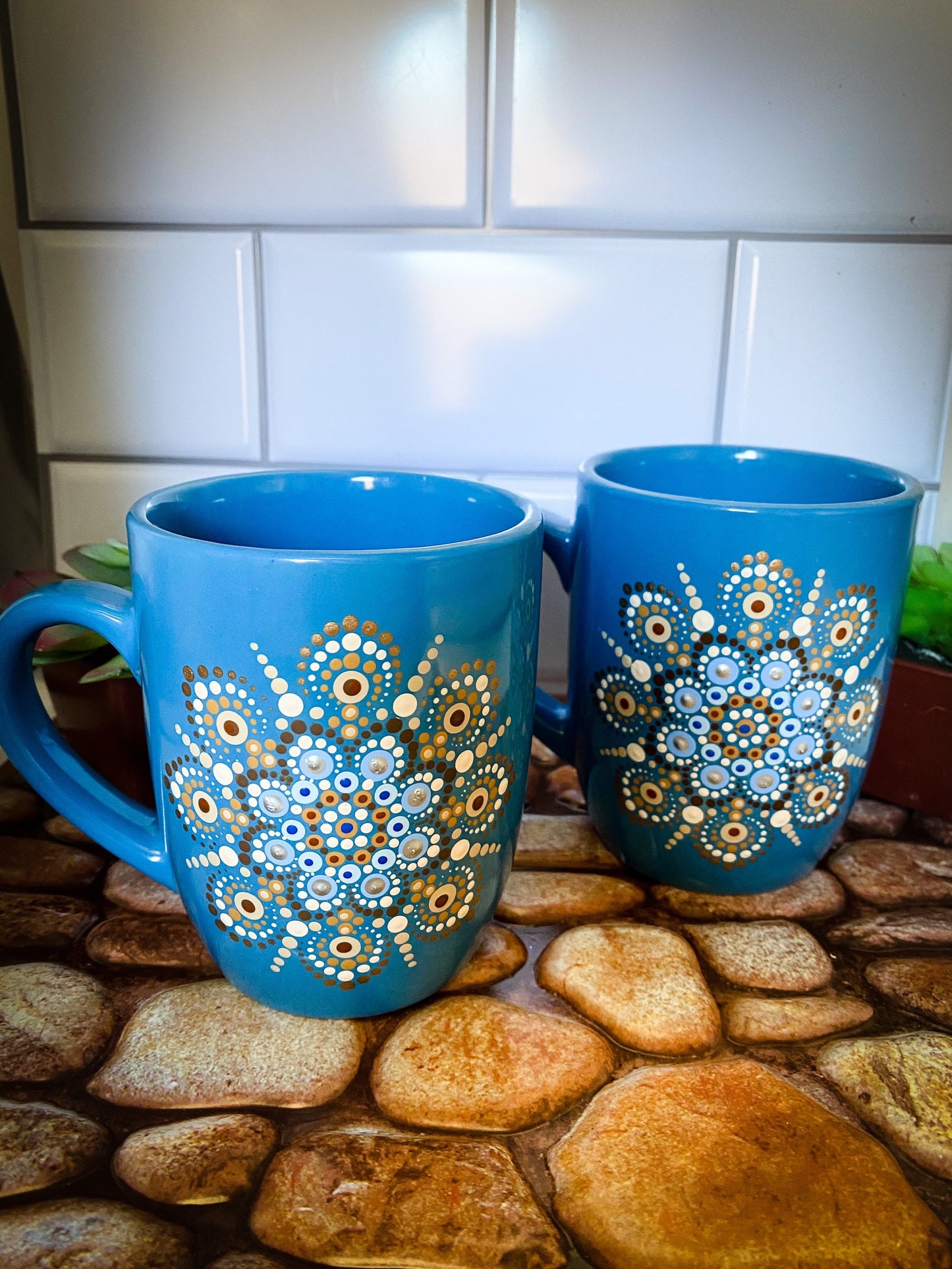 Azzie’s Hand Painted Pair of Zen Dot Mandala Ceramic Coffee Mugs