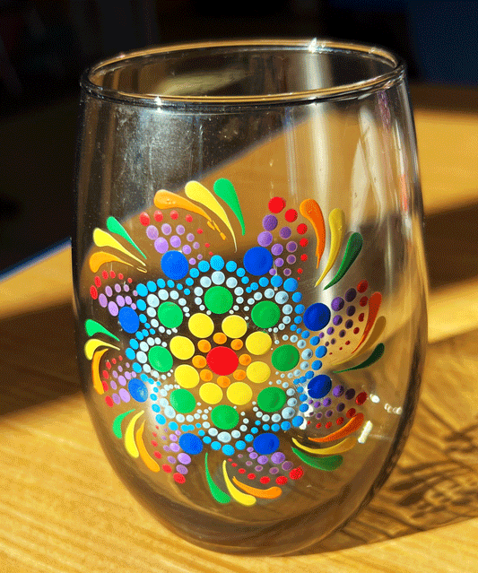 Azzie’s Hand Painted Zen Dot Mandala Stemless Wine Glass